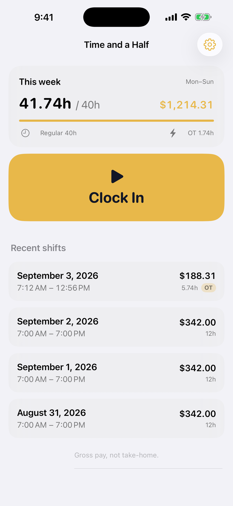 Home screen ready to clock in, week total $1,214.31