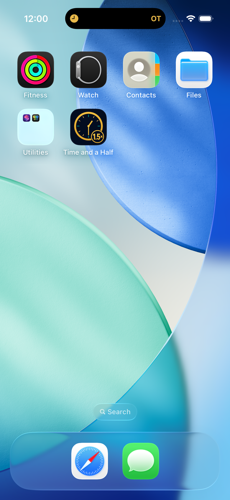 iPhone Home Screen with Time and a Half in Dynamic Island showing OT