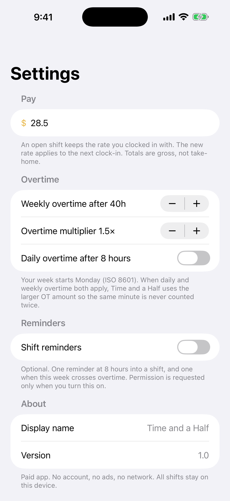 Settings with hourly rate $28.50 and overtime after 40 hours at 1.5x