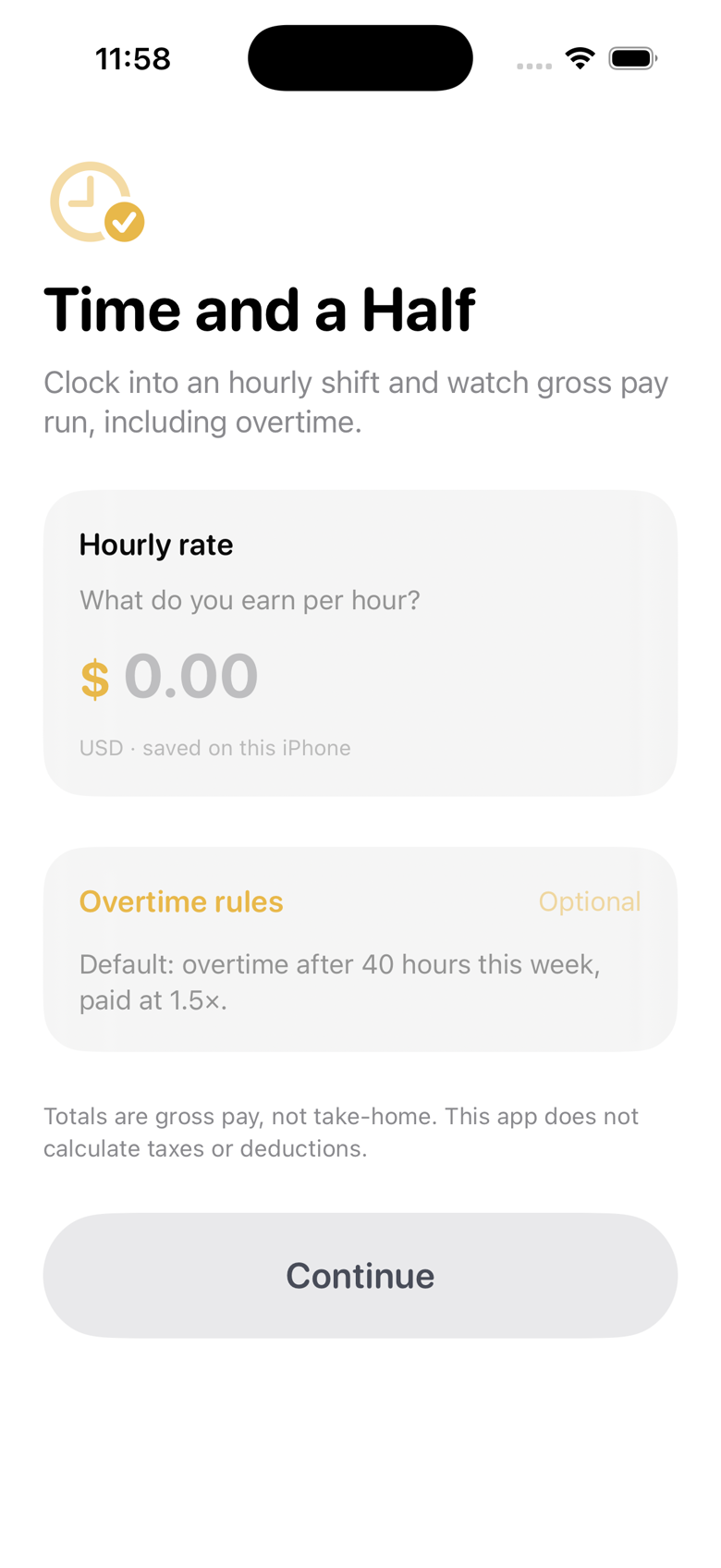 Setup screen asking for hourly rate