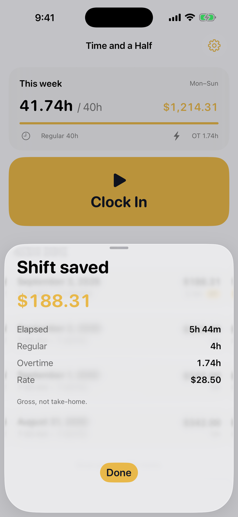 Shift saved sheet showing $188.31 for 5 hours 44 minutes
